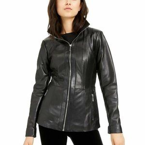 MICHAEL KORS Womens Leather Zip Up Scuba Jacket, BLACK, XS MSRP:$450.00